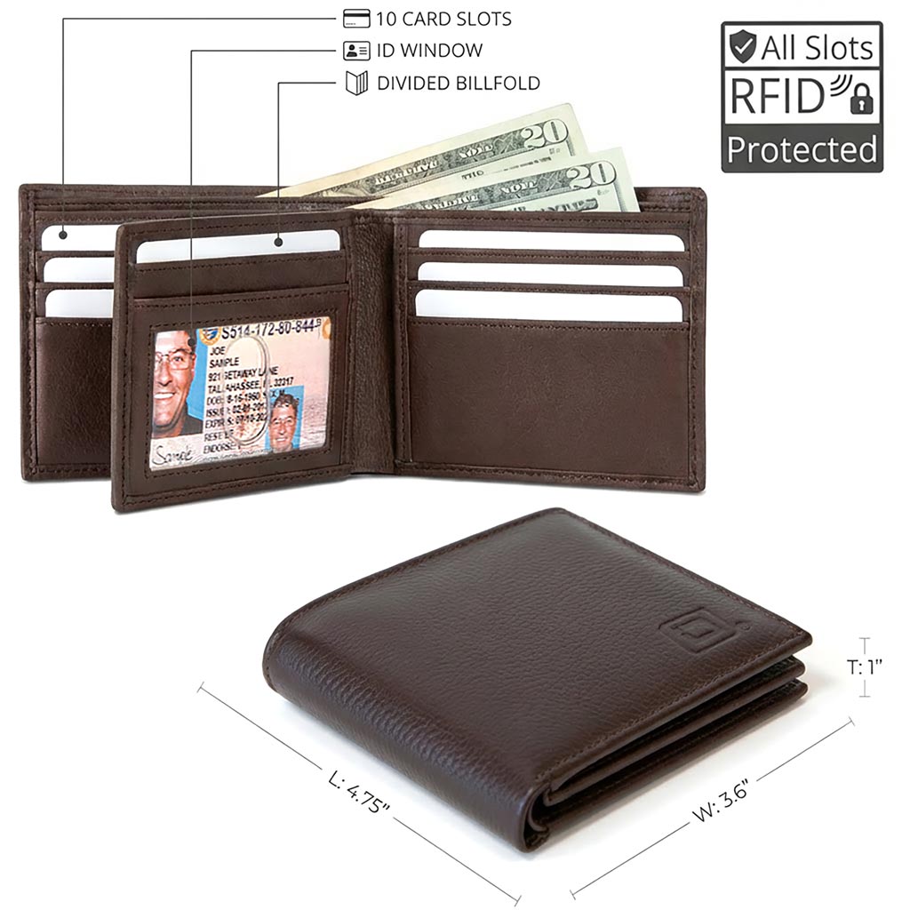 Men's RFID Leather Bifold Wallet - 10 Slots