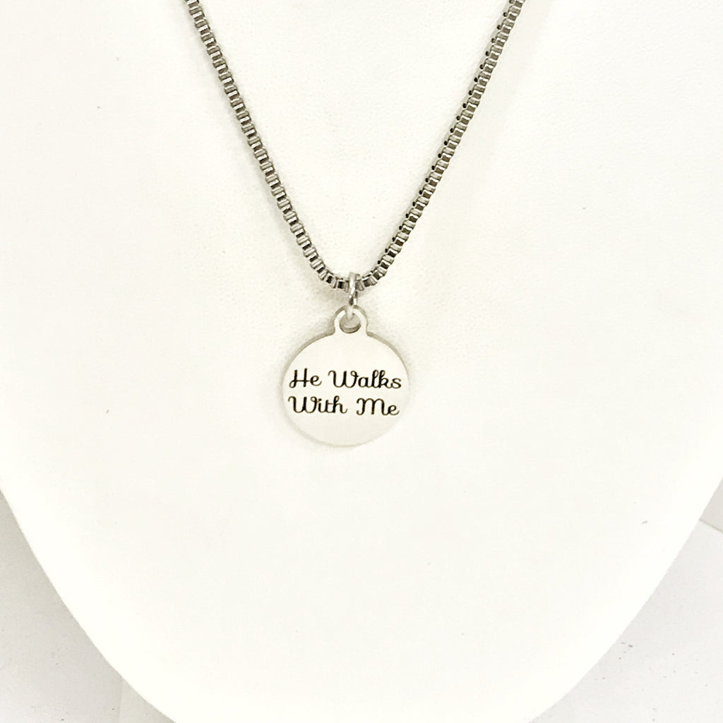 "He Walks With Me" Stainless Steel Cross Necklace