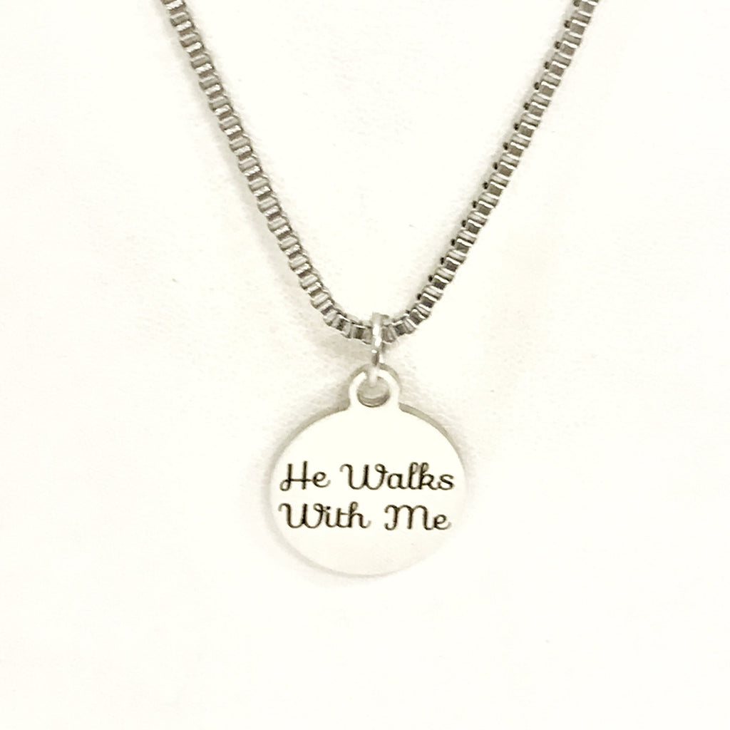 "He Walks With Me" Stainless Steel Cross Necklace