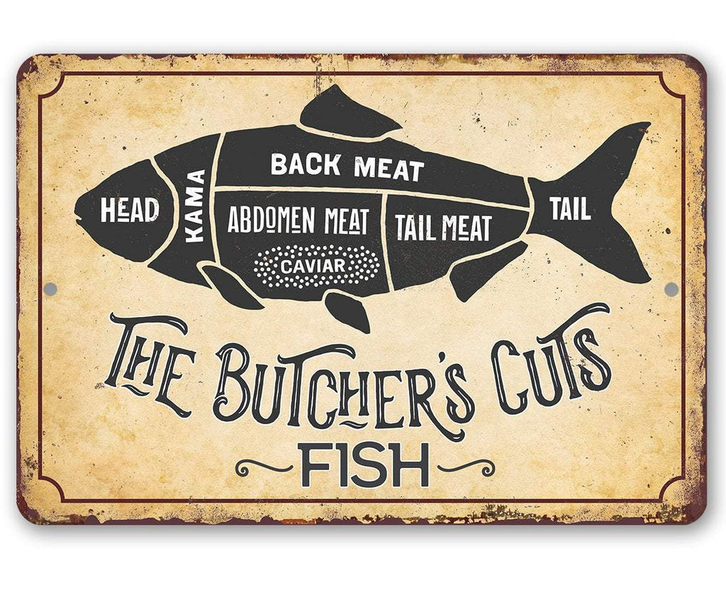 The Butcher's Cut Fish funny fishing metal sign